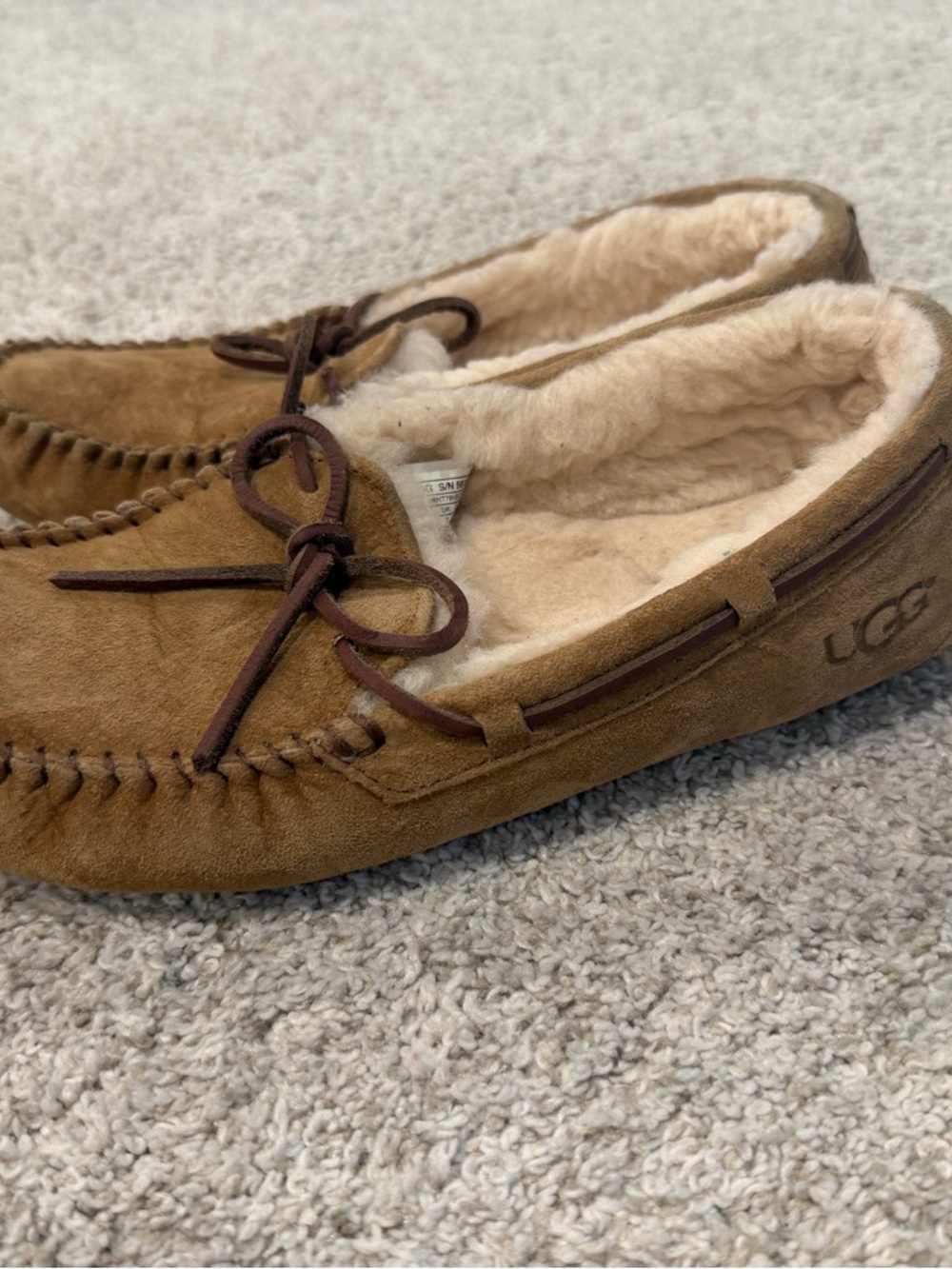 UGG Tan Suede Moccasin Slippers with Shearling - Picture 3 of 6
